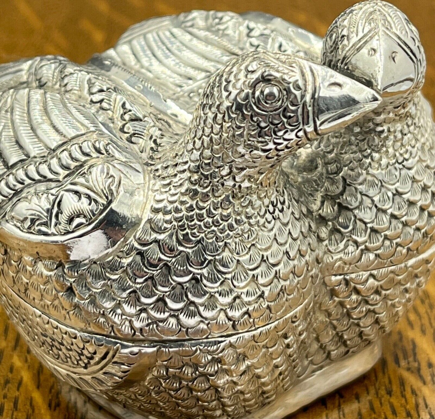 A Cambodian silver betel nut box pair of birds kissing T90