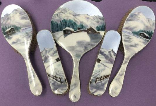 Unusual Silver & Enamel Mirror & Brush Set Winter Scene London 1952