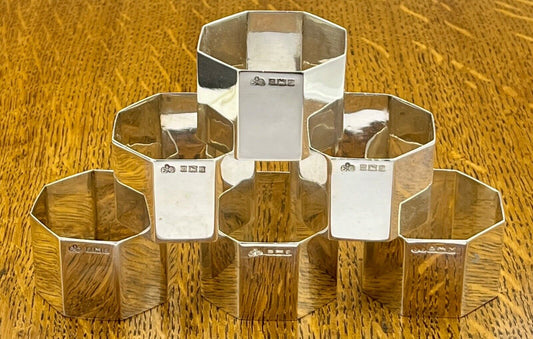 6 English sterling silver octagonal napkin rings - Elkington & Co Birm 1967