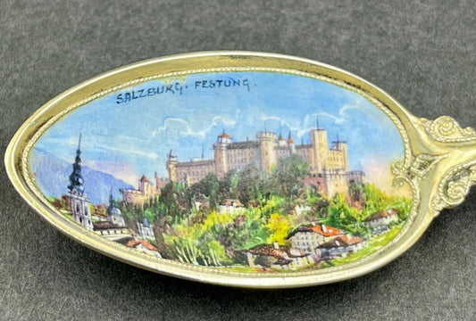 A good quality German silver gilt enamel spoon Salzburg Festung 800