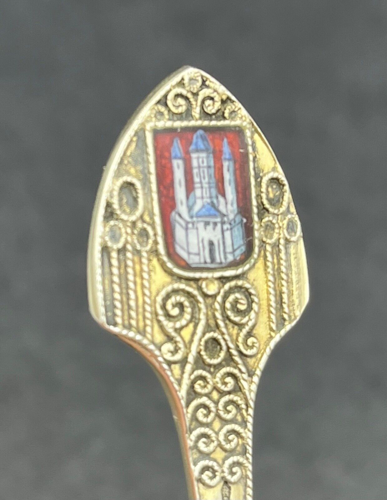 A good quality German silver gilt enamel spoon Salzburg Festung 800